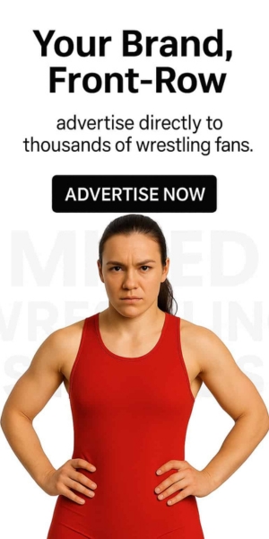 Call for ad placements on Mixed Wrestling Stories — banner inviting advertisers to promote on the platform